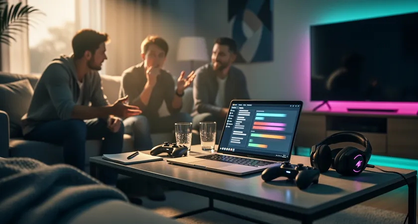 A candid shot of three teammates in a relaxed setting, not during a game, two gesturing calmly over a laptop showing a replay, the third nodding, late afternoon sunlight streaming across a casual living room, empty glasses on the table suggesting a longer, constructive discussion