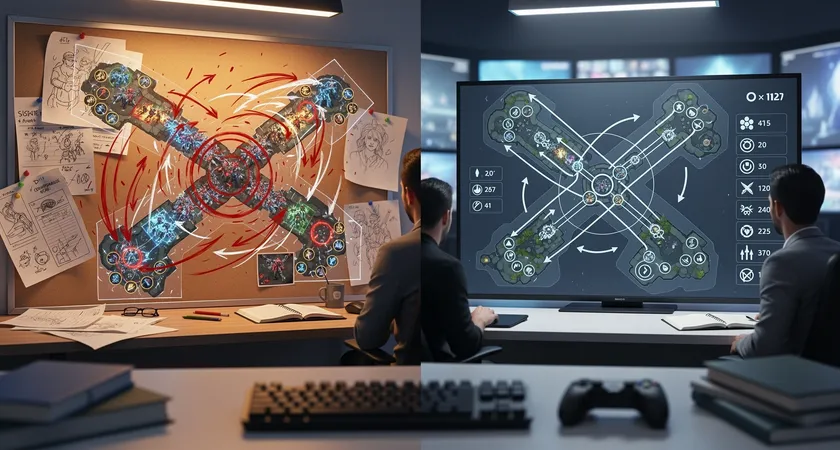 A split-screen visual: left side shows a messy, frantic teamfight replay with chaotic red circles drawn by a player; right side shows a clean, professional diagram of the same fight with precise arrows, flanking routes, and cooldown icons, displayed on a sleek tablet next to a cup of coffee