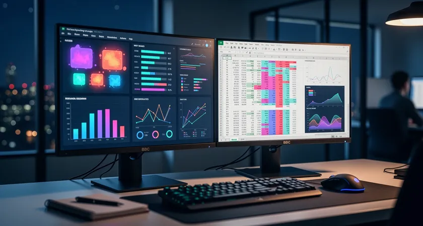 Vue éclatée de deux écrans côte à côte, à gauche la vue post-game de LoL avec des stats brutes, à droite une feuille de calcul Excel complexe avec graphiques, ambiance lumière de bureau la nuit