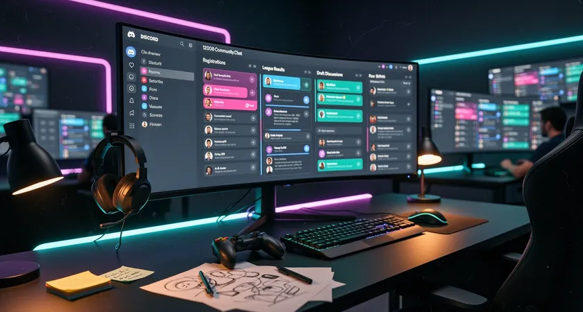 Capture d'écran d'un canal Discord très actif, montrant des salons organisés pour les inscriptions aux ligues, les résultats et les discussions de draft, sur fond sombre