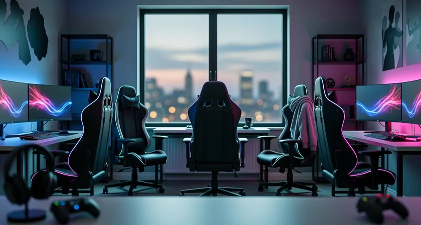 Plan moyen d'une salle de gaming à domicile, cinq chaises de jeu vides autour d'un grand bureau, écrans éteints, lumière tamisée venant d'une fenêtre, ambiance d'attente avant une session