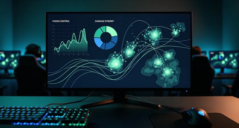 Vue stylisée d'un tableau de bord analytique sur un écran large, affichant des graphiques de tendances d'équipe sur la vision, le contrôle des objectifs et la synergie des dégâts, palette de couleurs vert et bleu foncé