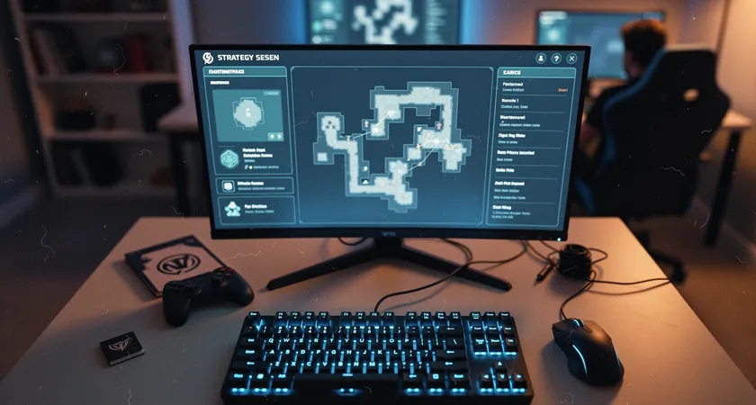 Vista cenital de un monitor de gaming mostrando la antigua interfaz de League of Legends con el listado de "Ranked Teams", iluminación tenue de habitación, teclado mecánico con retroiluminación azul en primer plano, ambiente de nostalgia digital