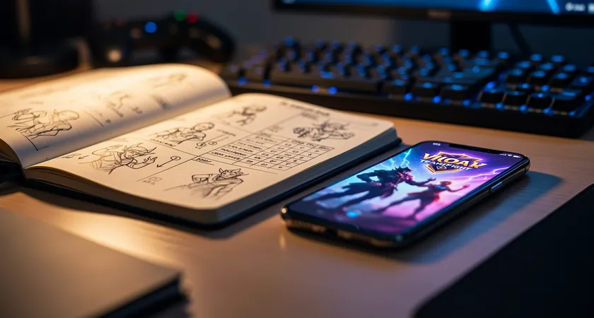 Primer plano de un cuaderno de notas abierto sobre un escritorio, con diagramas de teamfights dibujados a mano, estadísticas escritas en columnas, un smartphone mostrando el final de una partida de LoL al lado, luz de escritorio cálida