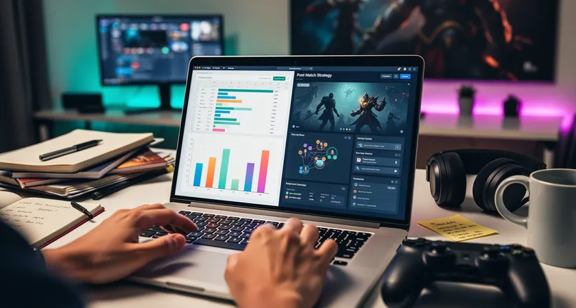 Pantalla dividida mostrando una hoja de cálculo compleja con gráficos a la izquierda y la ventana de post-partida de LoL a la derecha, manos tecleando en un portátil, ambiente de trabajo desordenado pero productivo