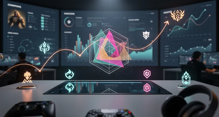 Representación visual abstracta de datos de esports: gráficos de radar superpuestos para cada rol, líneas de tendencia ascendentes, iconos de objetos y campeones de LoL flotando sobre un fondo oscuro, estética de panel de control futurista