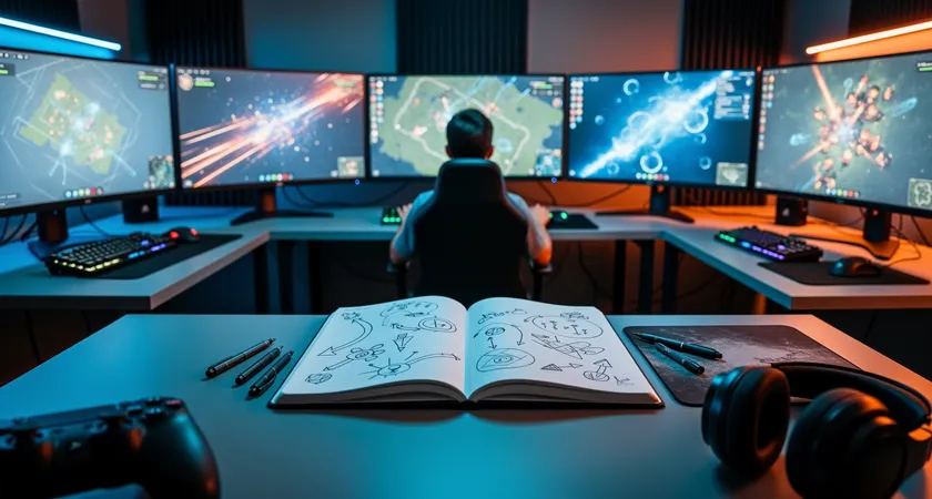 A dimly lit gaming room, five monitors glowing in a semi-circle, focused hands on keyboards and mice, a shared notebook open in the center with champion names and drawn paths, a cold blue and orange light palette