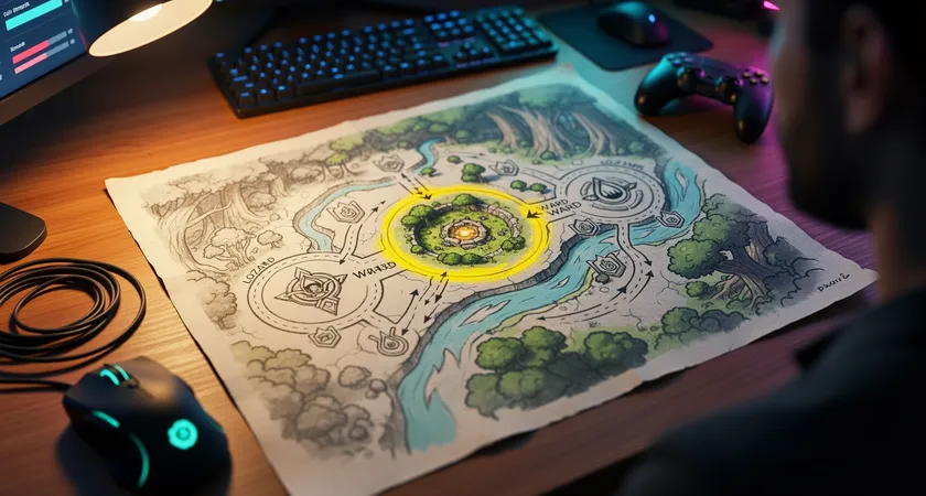 An overhead view of a Summoner's Rift map on a secondary monitor, with precise, hand-drawn circles and arrows marking jungle paths and ward locations, a yellow highlighter emphasizing Baron pit, warm lamp light on a wooden desk