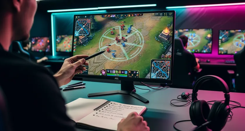 A coach's perspective: looking over the shoulder of a player at their screen during a paused replay, a stylus pointing at minimap positioning, a notepad with bullet points reading 'vision timing', 'rotate earlier', soft focus on the intense screen glow