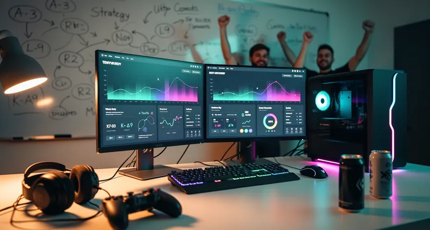 A wide shot of a team celebrating a ranked victory, hands raised, monitors showing the victory screen, a whiteboard in the background covered in weeks-old strategy notes, a sense of earned accomplishment in the warm, low light