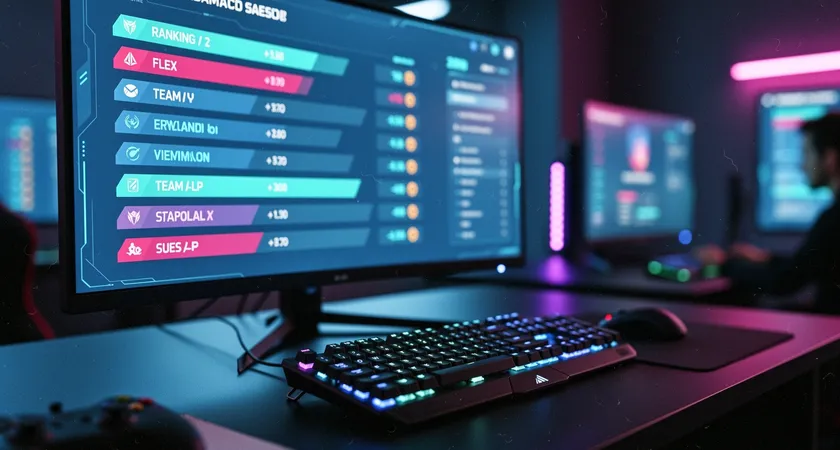 Gros plan sur un écran d'ordinateur gamer dans une pièce sombre, affichant l'écran de classement Flex de League of Legends avec plusieurs noms d'équipe et leurs LP, reflet bleuté du moniteur sur le clavier mécanique, ambiance cyberpunk et concentrée