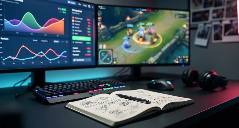 Vue d'un bureau de travail organisé avec deux écrans, l'un affichant un tableau de données avec des graphiques colorés (courbes de win rate, métriques par rôle), l'autre montrant un replay de LoL à un moment clé, carnet ouvert avec des notes manuscrites à côté, lumière du jour filtrée par des stores