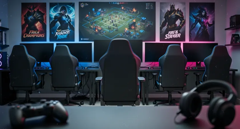 Photo en plan large d'une salle de gaming amateur, cinq chaises de bureau vides face à des écrans éteints, murs tapissés de posters de champions LoL, lumière néon tamisée, ambiance d'attente et de potentiel inexploité