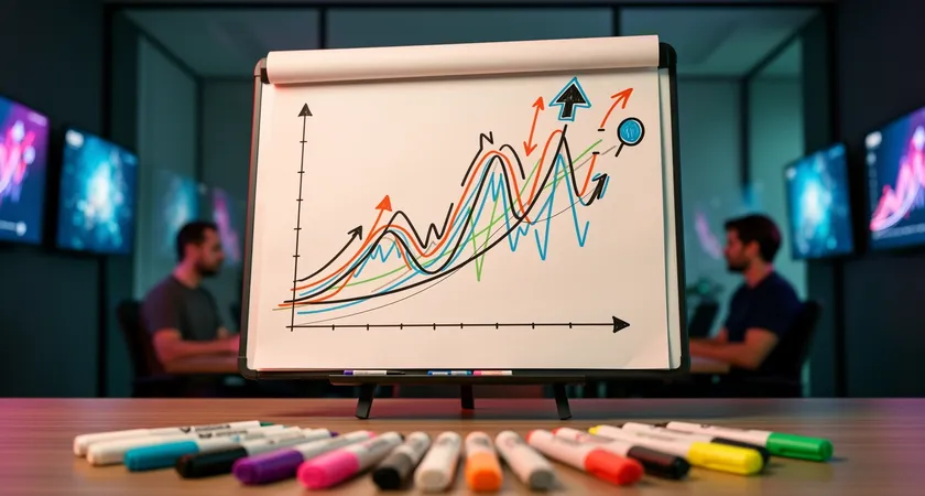 Graphique dessiné à la main sur un paperboard, représentant une courbe ascendante avec des pics et des plateaux, annotations colorées 'méta-change', 'nouveau stratège intégré', 'focus vision réussi', entouré de feutres posés, ambiance de salle de réunion créative