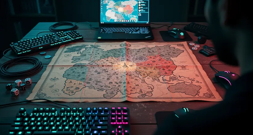 Vista cenital de un antiguo mapa de campeonato de League of Legends impreso y desplegado sobre una mesa de madera, iluminado por la pantalla de un portátil de juego en un cuarto oscuro, teclados mecánicos y ratones en desorden, ambiente de planificación táctica nocturna