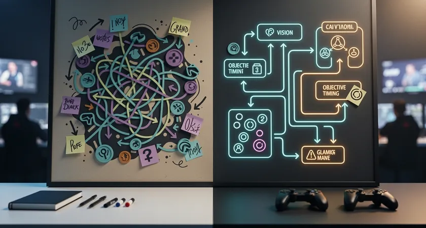 Pantalla dividida conceptual: a la izquierda, visión de mapa de League of Legends caótica y desordenada; a la derecha, el mismo mapa con líneas claras de flujo, zonas de visión y tiempos de objetivos resaltados, ilustrando el contraste entre desorden y estructura