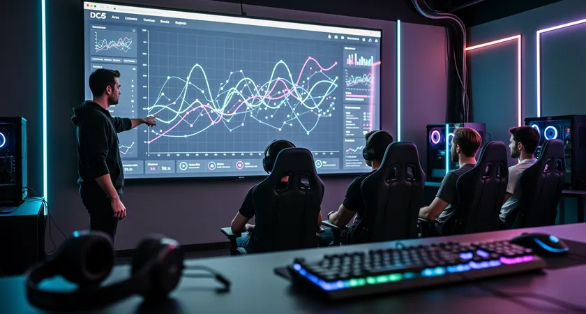 Vista lateral de un analista señalando un gráfico de líneas de tendencia en una pantalla grande a un grupo de cinco jugadores atentos sentados en sillas gaming, gráficos muestran métricas como "ward placement/min" y "objective proximity", luz de neón tenue