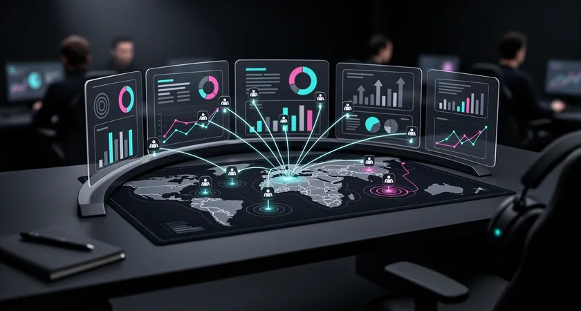 Ilustración abstracta de un dashboard de análisis con múltiples gráficos y KPI flotando sobre un fondo oscuro, líneas de conexión de datos uniendo estadísticas de jugadores individuales con iconos de objetivos del mapa, sensación de inteligencia procesable