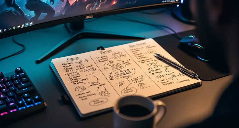 Overhead view of a notebook open on a gamer's desk, lit by the glow of a monitor. The page is divided into three columns labeled Teamfight, Split, and Snowball with champion names and simple diagrams scribbled in each, a mechanical pencil and coffee mug to the side
