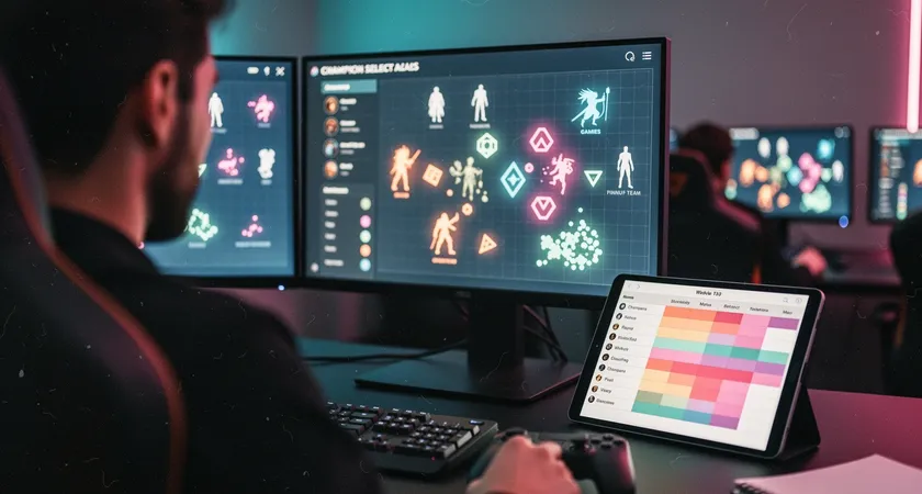A coach's perspective looking over the shoulder of a player in a dimly lit gaming room, their screen showing a champion select interface. A secondary tablet propped up displays a color-coded spreadsheet of champion names and player initials