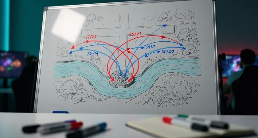 A tactical map of Summoner's Rift drawn on a whiteboard, focused on the bottom river. Red and blue lines indicate champion rotation paths from mid and bot lanes towards the Dragon pit, with timestamps written in dry-erase marker