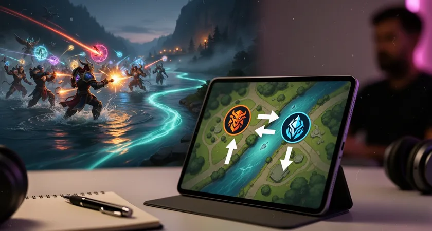 Split-screen image showing a VOD review session. On the left, a freeze-frame of a messy teamfight in the river. On the right, a simple diagram drawn on a tablet with arrows highlighting positioning errors of two specific champions