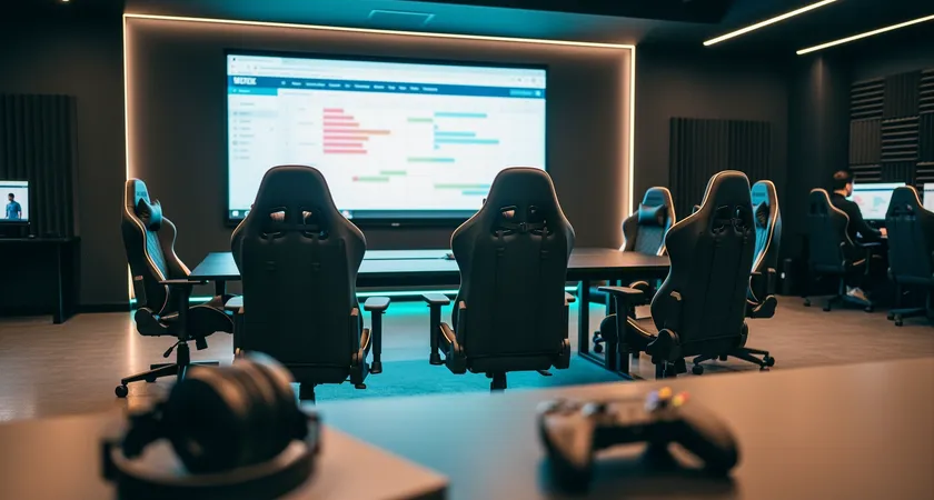 A wide shot of a casual gaming lounge setup for a team meeting, not a match. Five gaming chairs are empty, facing a large wall-mounted monitor displaying a spreadsheet with columns for Goals, Drills, and Progress. Soft, ambient lighting from LED strips under the desks