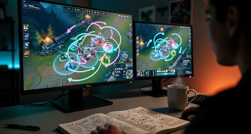 Écran d'ordinateur dans une pièce sombre, affichant le replay d'un teamfight de LoL sur un deuxième moniteur, avec des annotations graphiques colorées superposées sur la carte. Un carnet ouvert avec des notes manuscrites et une tasse de café sont visibles sur le bureau en bois, éclairés par la lumière bleutée des écrans