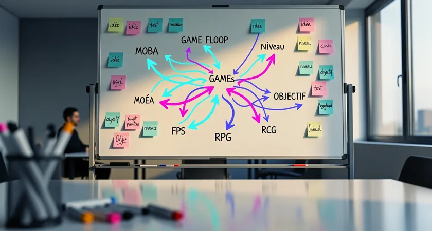 Gros plan sur un tableau blanc dans une salle de réunion, sur lequel sont dessinés des schémas de flux de jeu avec des flèches de couleur, entourés de post-it annotés 'Early Prio', 'Vision Control', 'Temps de regroupement'. La lumière du jour entre par une grande fenêtre, éclairant des chaises vides autour d'une table de conférence
