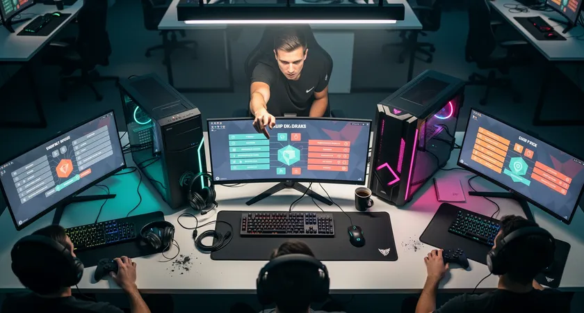 Vue aérienne d'une table de gaming avec cinq setups PC, pendant une pause. Des écrans affichent l'écran de ban/pick du client LoL. Un joueur, de dos, pointe du doigt un élément sur l'écran central tandis que deux autres regardent attentivement, ambiance lumineuse au néon doux