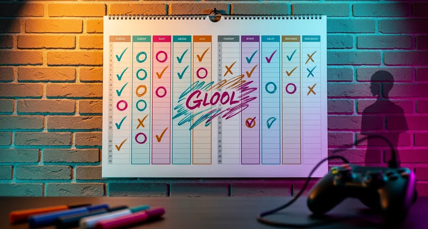 Vue large d'un calendrier mural de planification sur un fond de brique, avec des colonnes pour 'Entraînement', 'Scrims', 'Tournois', et 'Analyse'. Des cases sont cochées et annotées avec des feutres de couleur, une lumière tamisée venant d'un lampadaire à proximité