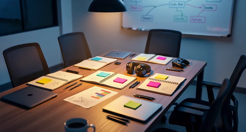Vista cenital de una mesa de reuniones con cinco sillas, cada una con un cuaderno abierto y un post-it de color diferente, iluminación cálida de lámpara, una pizarra blanca borrosa al fondo con esquemas de líneas de LoL, ambiente de planificación serena