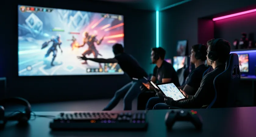 Vista lateral de un grupo de cinco jugadores reunidos alrededor de una pantalla grande que muestra una repetición en pausa en el minuto 22, uno señala la pantalla mientras otro toma notas en una tablet, iluminación ambiental de una sala de gaming, ambiente de análisis colaborativo