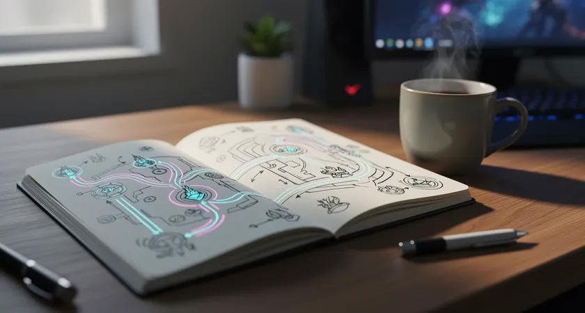 Fotografía de un cuaderno abierto con diagramas dibujados a mano de la Grieta del Invocador, flechas que indican rotaciones, anotaciones en los márgenes, una taza de café al lado, luz natural de ventana, ambiente de reflexión matutina