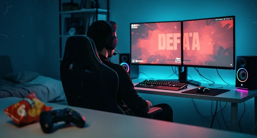 Silueta de un jugador sentado solo frente a su setup en un cuarto oscuro, la pantalla muestra una derrota en la pantalla de post-partida, luz de la pantalla iluminando su expresión pensativa, ambiente de introspección y evaluación