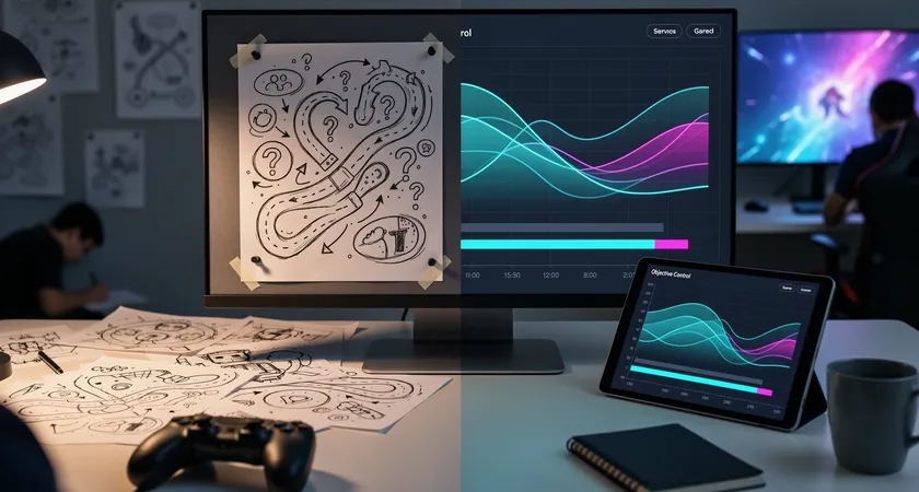 A split-screen visual concept. The left side shows a chaotic, hand-drawn diagram with arrows and question marks, representing internal team analysis. The right side shows a clean, color-coded timeline graph of a game's objective control, generated by analytical software, with clear markers for decision points. The contrast highlights the difference between internal and external review.