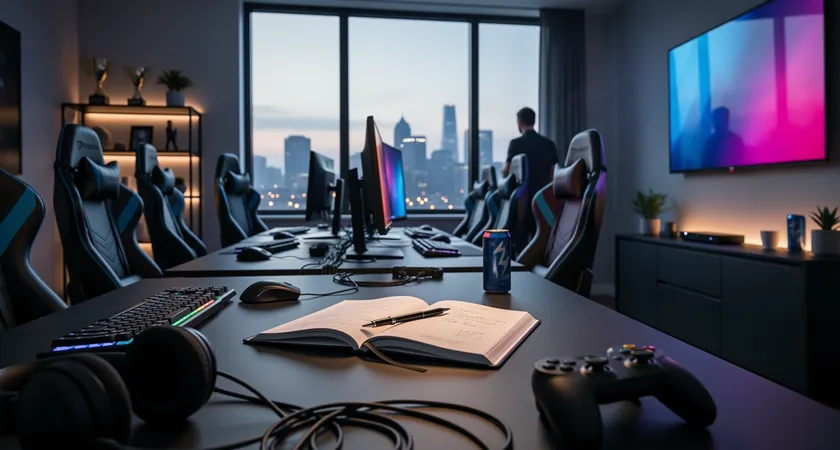 A wide shot of a gaming house living room, empty of people after a session. Five chairs are pushed back from desks, monitors are dark, and the only light comes from a large window overlooking a city at dusk. A single notebook remains open on a central table, symbolizing the work that continues between sessions.