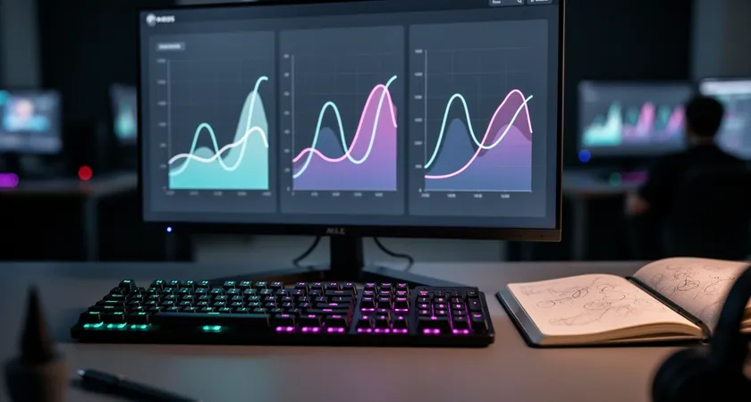 Gros plan sur un écran d'ordinateur affichant quatre graphiques en courbes côte à côte, montrant l'évolution du gold lead sur 30 minutes, lumière bleutée de l'écran éclairant un clavier mécanique et un carnet de notes ouvert, ambiance de bureau nocturne