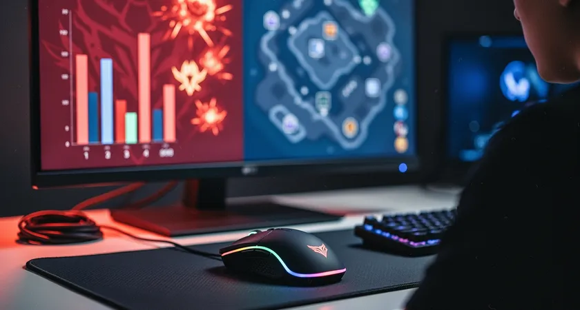 Vue d'écran splitée montrant à gauche le graphe des dégâts de cinq champions après un combat d'équipe, et à droite une capture de map avec des icônes de positionnement, éclairage rouge et bleu contrasté, souris de jeu en premier plan