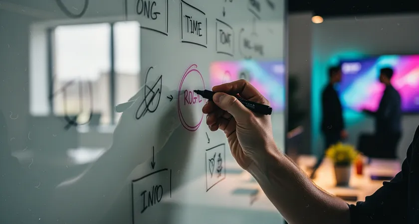 Plan moyen sur une main tenant un stylo qui entoure des horaires (5:30, 20:00) et des mots-clés ('vision', 'push') sur un tableau blanc effaçable, fond flou d'un écran de jeu, ambiance de réunion d'équipe informelle