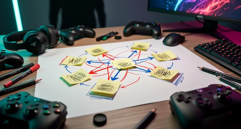 Photo en plongée sur un diagramme dessiné à la main reliant des post-it jaunes ("Défaite à 25min", "Baron perdu", "Pas de vision") par des flèches rouges et bleues, le tout posé sur un bureau encombré de manettes, ambiance de brainstorm