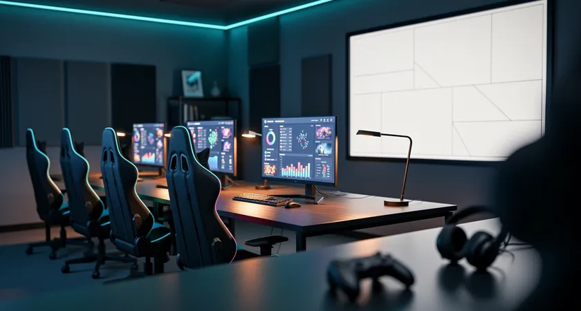 Vue d'ensemble d'un espace de gaming avec cinq chaises, trois écrans allumés affichant des stats et un tableau de progression vide prêt à être rempli, lumière douce de lampes de bureau, atmosphère calme et concentrée