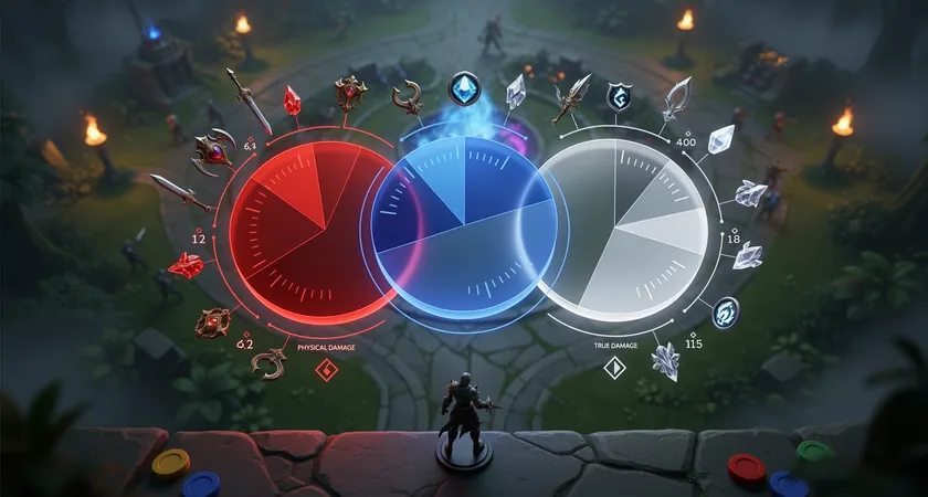 Captura de pantalla estilo infografía mostrando tres gráficos de tarta superpuestos sobre un fondo oscuro de la Grieta del Invocador: daño físico en rojo, mágico en azul y verdadero en blanco, con iconos de objetos y cifras de resistencia enemiga destacadas junto a cada segmento