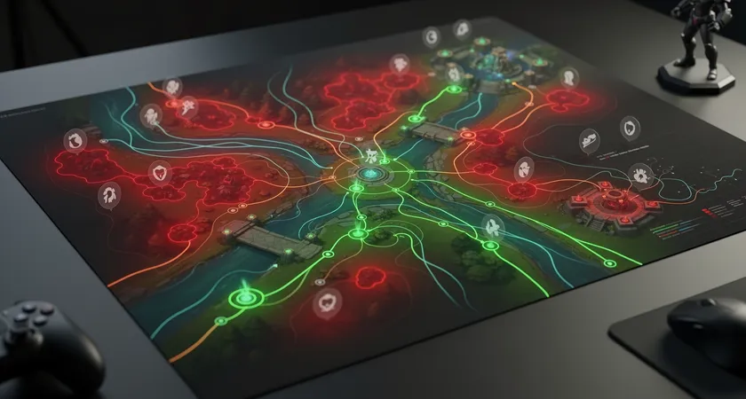 Mapa de calor de la Grieta del Invocador visto desde arriba, mostrando zonas iluminadas en verde brillante (visión constante) y grandes áreas en rojo oscuro (puntos ciegos), con iconos fantasmas de wards dispersos y líneas que indican rutas comunes de jungla