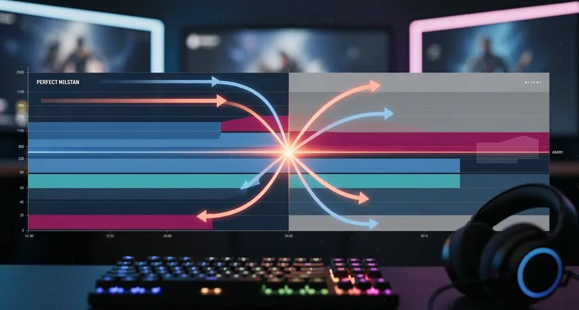 Diagrama de tiempo lineal horizontal dividido en franjas de color, cada una representando la acción de un jugador tras una kill de equipo; flechas gruesas muestran momentos de sincronización perfecta y áreas sombreadas en gris indican 'tiempo muerto' donde las acciones no están alineadas