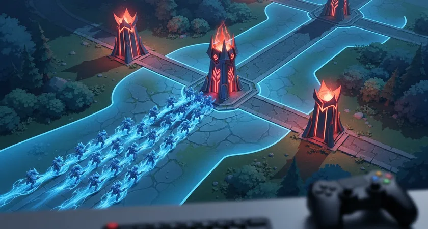 Plano cenital del mapa mostrando ondas de minions avanzando como oleadas de color azul hacia las torres enemigas rojas en top y bot; zonas del mapa sombreadas indican el área de seguridad controlada por el equipo azul durante ese empuje