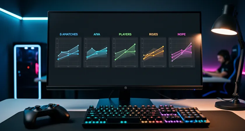 Cuadro de mandos con cinco gráficos de líneas pequeños, uno por rol, mostrando la evolución de una métrica clave específica (ej: CS@10 para top, Asistencias para support) a lo largo de 5 partidas consecutivas, con una línea de tendencia promedio superpuesta