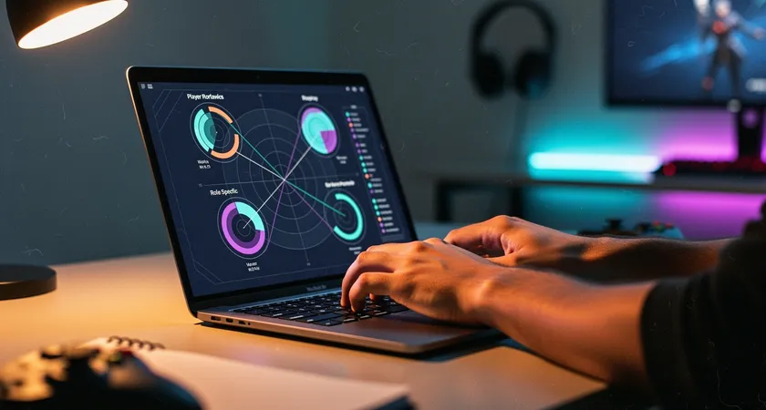 Primer plano de dos manos tecleando en un portátil abierto, mostrando una interfaz limpia de análisis con gráficos de radar comparando el rendimiento de un jugador en seis métricas rol-específicas contra su promedio histórico; luz cálida de un flexo ilumina el teclado en la penumbra