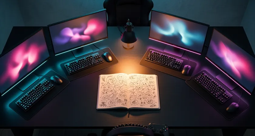 Overhead shot of a gaming desk at night, five monitors glowing in a semi-circle, keyboards and mice neatly arranged, a single notebook open in the center with a hand-drawn map of Summoner's Rift, warm desk lamp lighting creating focused pools of light