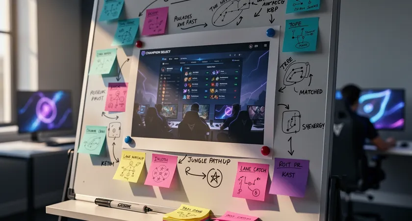 Close-up on a coach's tactical board, a printed screenshot of a champion select screen is pinned in the center, surrounded by color-coded sticky notes analyzing lane matchups and jungle pathing synergy, natural morning light from a window